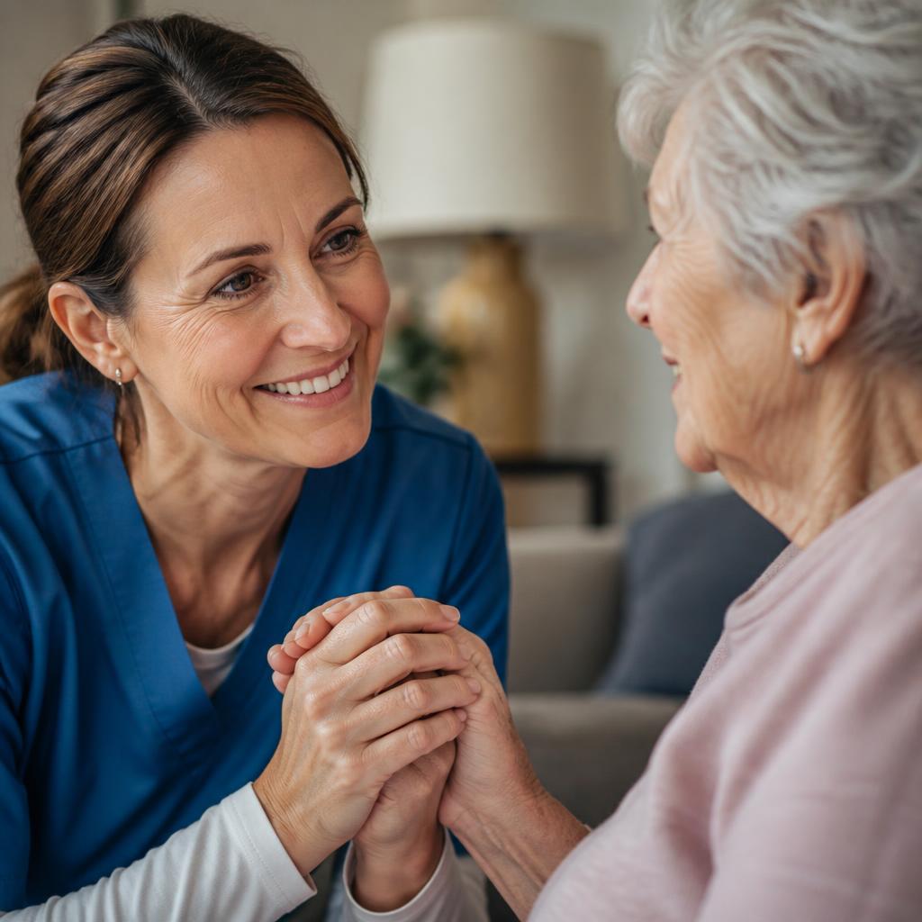 Care worker sharing a warm moment with an elderly service user