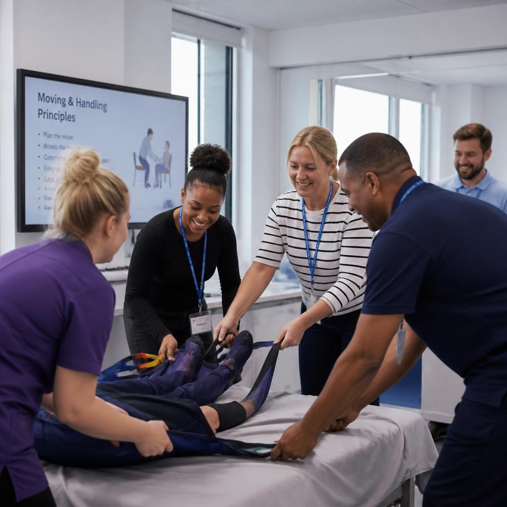 Care workers practicing moving and handling in a Patola Services workshop
